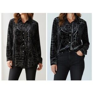 Vintage 90s Black Velvet Burnout Script Print Top Silk Blend Semi Sheer Boho L